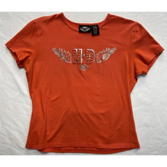 Women’s Y2K 2003 Harley Davidson Motorcycles Tattoo Orange Dazzle T-Shirt XL - Picture 1 of 5